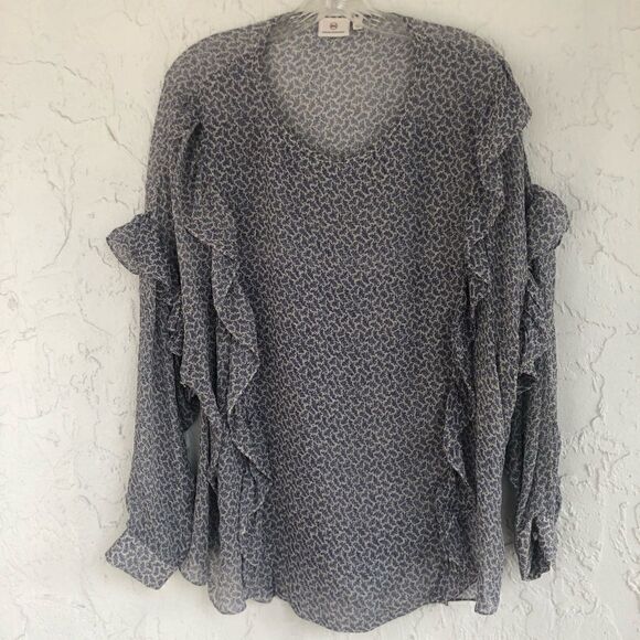 AG ADRIANO GOLDSCHMIED Silk Blue Long Sleeve Ruffle Blouse Size Small - Picture 3 of 12